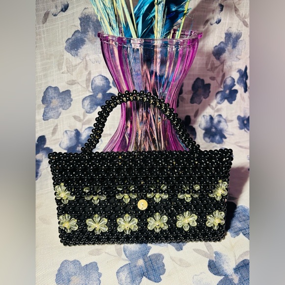 Handbags - Stylish Black Beaded Clutch with Floral Design